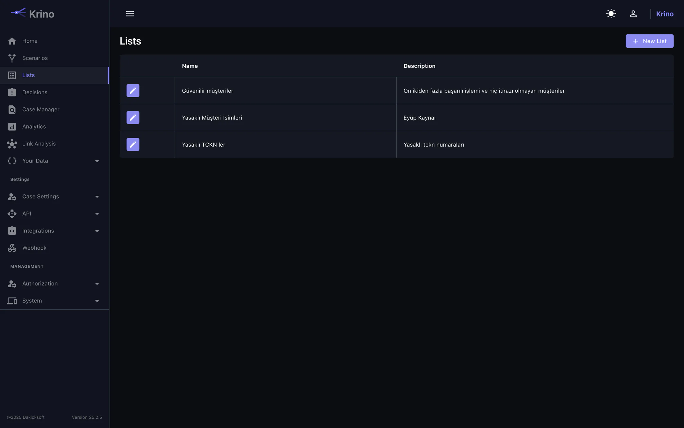 List management screen showing custom and screening lists