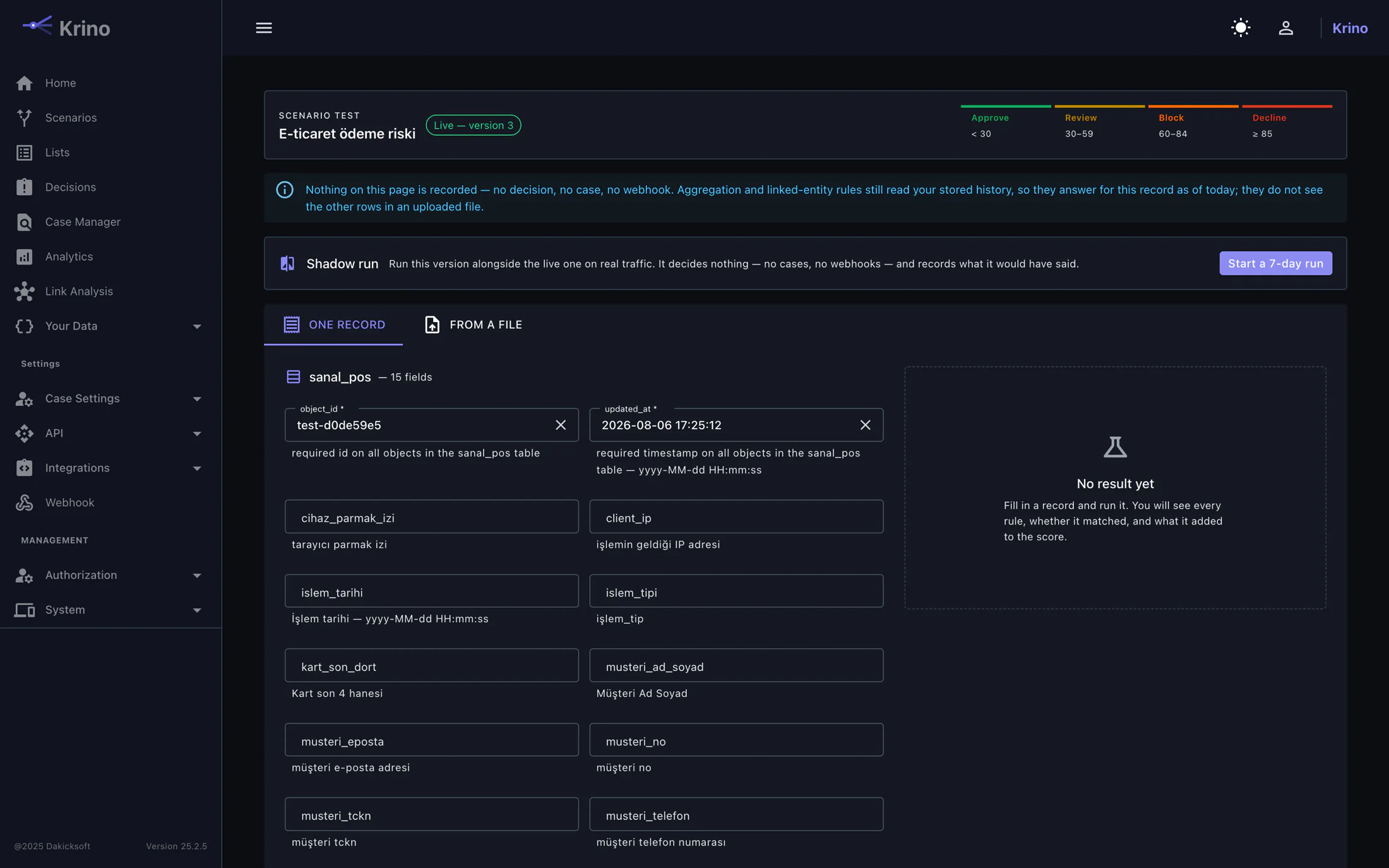 Scenario test screen showing per-record rule results