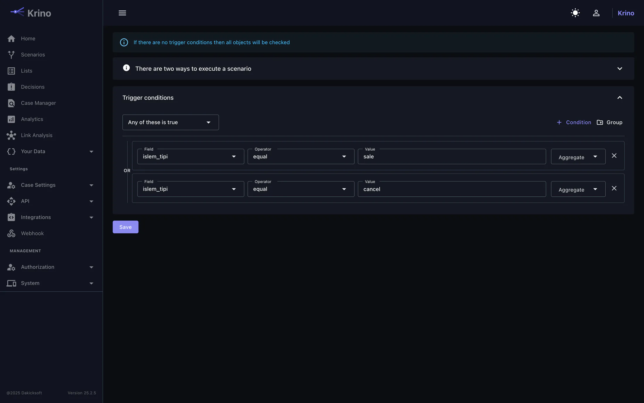 Visual condition builder showing a trigger condition tree